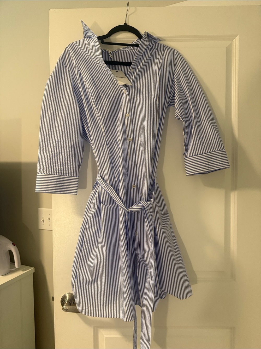 Foxcroft Blue and White Striped Shirt Dress with Tie Belt
